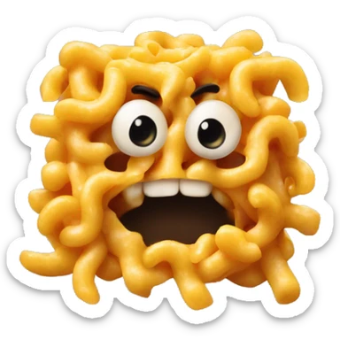Monster made of macaroni and cheese with an evil face sticker