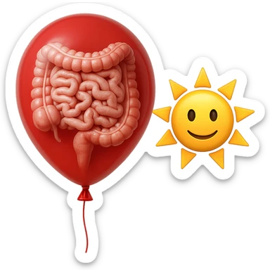 intestino umano anatomico chiuso in un palloncino rosso che simboleggia gonfiore, accanto un simbolo di sole stile emoji iphone che simboleggia "gonfiori di mattina", iperrealistico 4k sticker