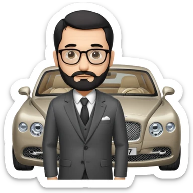 Professor Bentley Dyed black gray hair  frencb beard graying indian guy in suit with a bentley car. Older look with glasses slight balding sticker