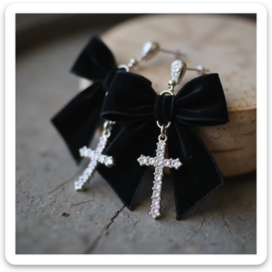 realistic goth earrings, black velvet ribbon with silver cross, soft texture, elegant gothic sticker