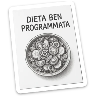 hyperrealistic 4K top view of a white sheet of paper with a bowl of salad drawn on it and the text 'DIETA BEN PROGRAMMATA', no background sticker