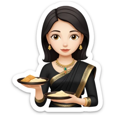Russian girl in Indian black saree with full image from head to leg and holding a cream colour small tray in her both hands sticker