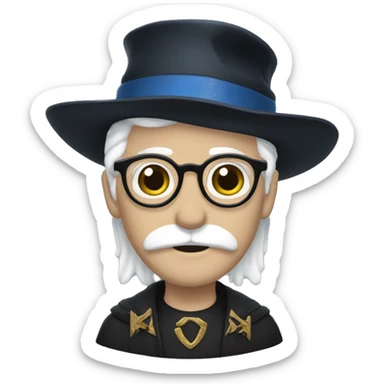 man with white skin,hair is straight and black, a black mustache, glasses, with a magic hat, ravenclaw sticker