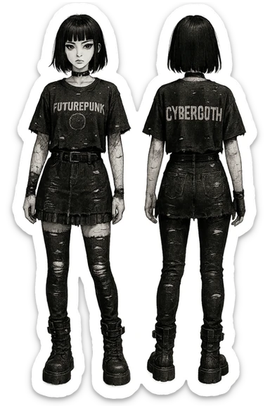 1 female outfit design for a VTUBER OC. The style is mixed 90's grunge, punk, lots of black and white in the color scheme, futuristic aesthetic. Clothing has small rips and tears from wear, logos and designs are faded. Garage, Shoegaze, postmodern style. character design concept art outfit for a female. [[FUTUREPUNK CYBERGOTH]] front on view, not 3/4 angle or any angle, perfect front, front and back view of each design,  sticker