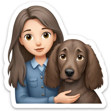 A long-haired girl holding a gray Plott hound sticker