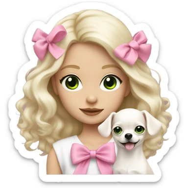 pale blond girl with wavy long platinum hair with green eyes holding a white chihuahua puppy that wearing a pink bow sticker