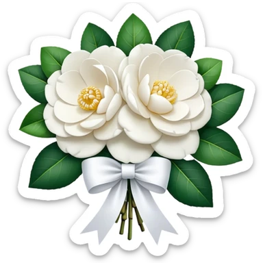 A bouquet of pure white camellias，with elegant white ribbon sticker