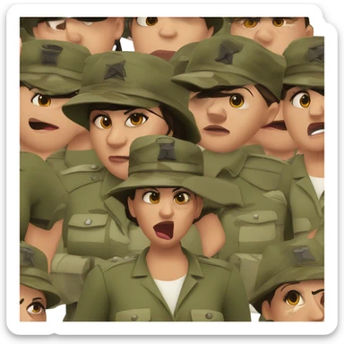 a female drill sergeant showing full torso wearing a classic sergeant hat and a camouflage army shirt. The character should have an angry intense expression.  sticker