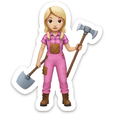 lumberjack blonde woman holding axe pink checked shirt and overall sticker