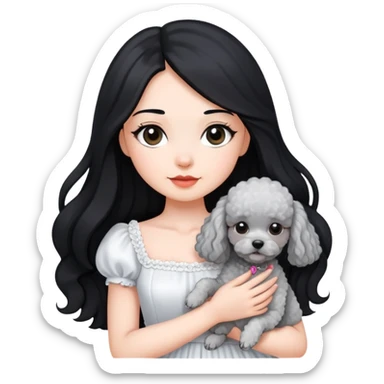 beautiful girl with long black hair in a white dress holding a small gray poodle sticker