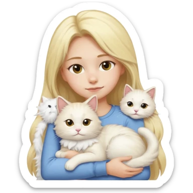 a girl with long blonde hair and a white fluffy cat lying on her left shoulder and neck, emoji style, suitable for Discord and Slack sharing sticker