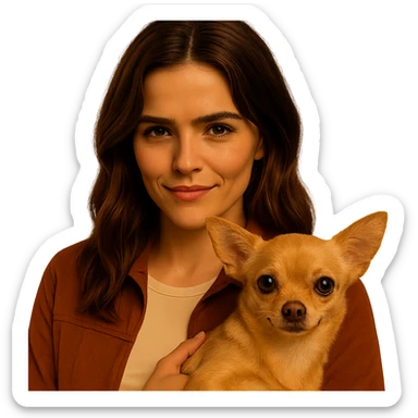 Enhance the chihuahua to be more expressive, cute, and clearly visible with silky beige-brown fur and sparkling eyes. Maintain the Netflix series style and intimate Tenerife ambiance. Transparent background. sticker