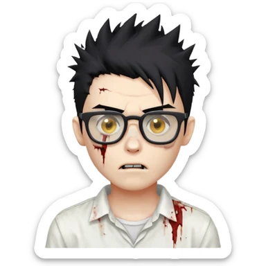 zombie boy with spiky black hair, square glasses, white shirt sticker