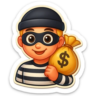 Create a colorful cartoon emoji style portrait of a robber with a black and white striped shirt, black beanie, black mask, carrying a bag of money over the shoulder, and big cartoon eyes, similar to the reference image. sticker