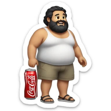 fat man in shorts and flip flops, black hair and beard holding a bottle of Coca-Cola sticker