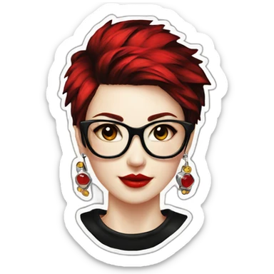 Punk female earrings glasses,red and black short hair, sticker