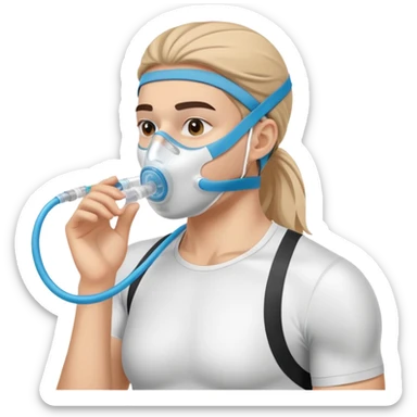 Athlete wearing VO2 max testing mask covering nose and mouth, with tubing connected to measurement equipment sticker