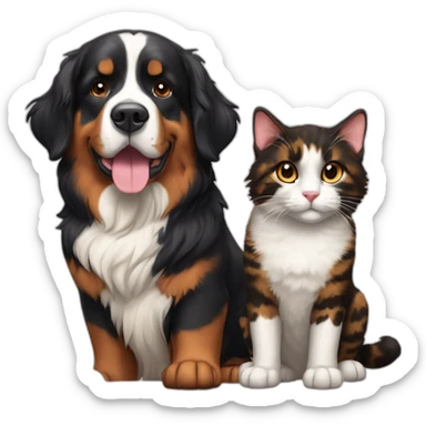 A Bernese dog next to A tortoiseshell cat without white sticker