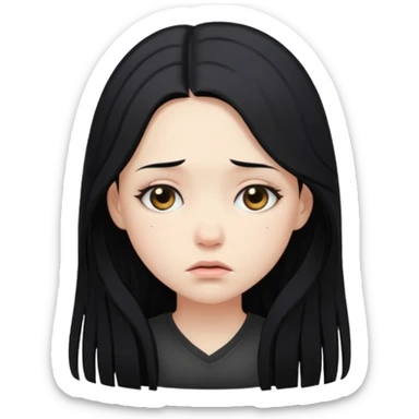 pale girl with long black hair, looking down, sad sticker