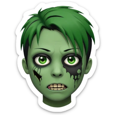  emo zombie black punk hair green skin middle part with cuts on face and closed mouth sticker