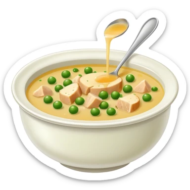 A bowl of soup made with chicken broth, peas, chives, and Parmesan cheese sticker