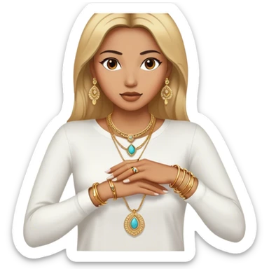 The woman, partially visible, wears a white long-sleeve top. Her accessories steal the spotlight—intricately designed gold bangles, statement rings, and layered necklaces—each piece exuding heritage and craftsmanship.  sticker