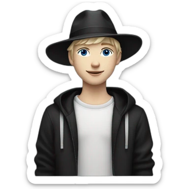 Smirking neutral white teenager, blue eyes, with short blond hair wearing a black fedora hat, and a black adidas long sleeve sweater sticker