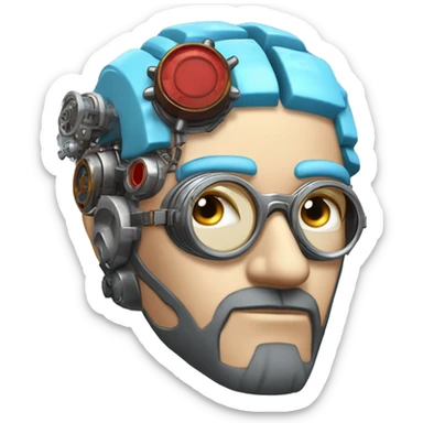 Short light blue haired male cyborg head with light blue beard, red steampunk goggles and circuits sticker