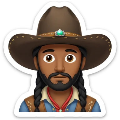Dark Mexican man with long black hair and short beard with cowboy hat sticker