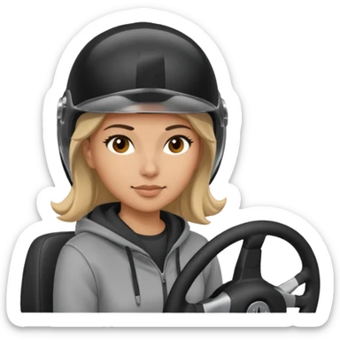 ["Light-skinned female driver, wearing a hoodie and helmet, behind the wheel."] sticker