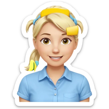 A playful blonde female mature realistic character with wide, mischievous eyes, smiling, ponytail, dynamic pose suggesting movement, pastel colors, minimalistic and cute emoji style. sticker