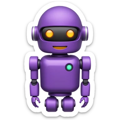 Cute deep purple robot emoji, pill-shaped body, dark visor with glowing white simple eyes and smile. Flat 2D vector art, die-cut sticker with white border, minimalist, white background. sticker