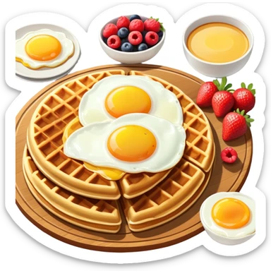 Brunch spread with waffles, eggs, and fruit on a table sticker