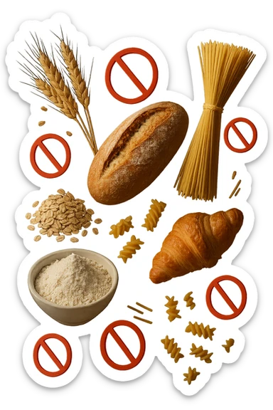 cereali, pane, pasta e farine realistici fluttuano in aria con piccoli divieti 3d, IPERREALISTICO 4K sticker