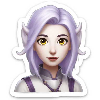 tiefling priest girl with pure white skin, pale lilac hair, light grey horns, glowing lilac colored eyes sticker