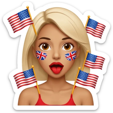 a woman is talking and the English and American flags are coming out sticker