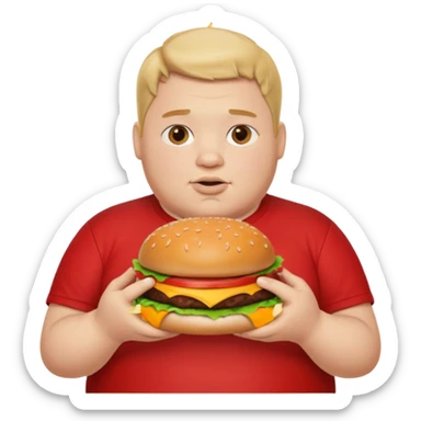 fat boy eating burger wearing red T-shirt sticker