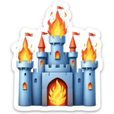 castle catching fire, dramatic expression, emoji style sticker