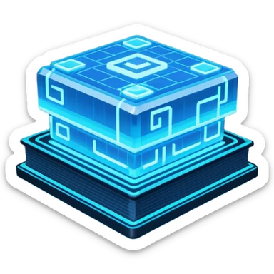 Pixel art emoji icon of a futuristic holographic book (help), neon blue sci-fi voxel style, cute tech aesthetic, centered, simple, high contrast, 3D shading, soft glow, transparent background, 100x100 px, game UI icon sticker