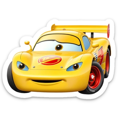 yellow cartoon race car with big eyes, inspired by Lightning McQueen sticker