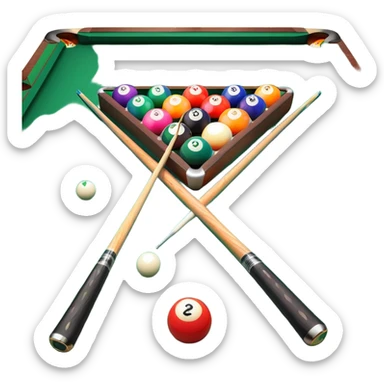 Two crossed pool cues resting on a billiard table, with colorful billiard balls scattered across the surface. The background features the felt of the table, creating an inviting atmosphere for a game of precision and strategy sticker