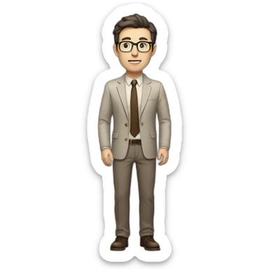 Full height Gesticulating Pale skinned fit man with dark brown hair in gray jacket, beige office shirt, brown tie, brown pants and vintage glasses. sticker