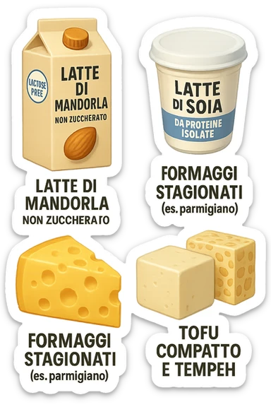 emoji stile iphone 3d di Latte e yogurt delattosati in italiano
Latte di mandorla (non zuccherato)
Latte di soia da proteine isolate
Formaggi stagionati (es. parmigiano)
Tofu compatto e tempeh
 che fluttuano in aria, iperealistico 4k sticker