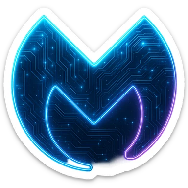 Transform the Malwarebytes logo into a cyberpunk, holographic style with glowing neon blue and pink edges, circuit patterns throughout the entire icon, and a transparent background. Maintain the recognizable Malwarebytes M shape and blue color, overlaying neon and circuit effects in the same futuristic, clean style as previous cyberpunk icons. The whole icon should have a consistent cyberpunk glow and intricate circuit details in a sleek, futuristic manner. sticker