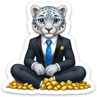 muscular snow leopard in black suit with blue tie sitting on pile of gold nuggets sticker