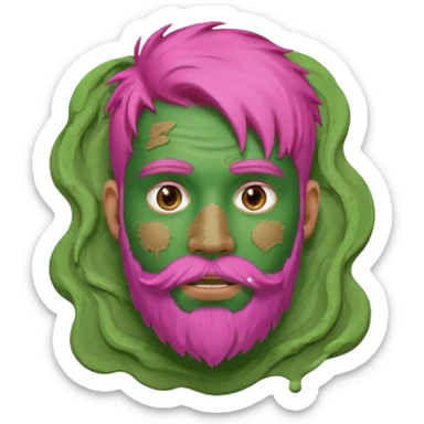 pink haired man with full full face dirty messy green clay mask and beard sticker