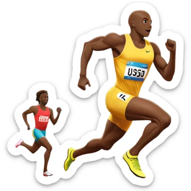 An icon depicting a sprinter in mid-run on a track, muscles tense with speed. The background shows a vibrant stadium filled with cheering fans, bright lights illuminating the track, and a clear sky above. The energy of the race and the thrill of competition are captured in motion.  sticker