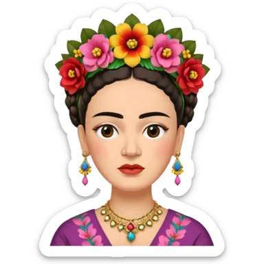Frida Kahlo with bold eyebrows, earrings, and floral crown sticker