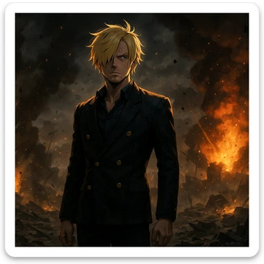 Sanji from One Piece standing alone in the middle of a chaotic war environment, dramatic lighting, debris and explosions in the background, cinematic scene, no other characters, 1920x1080 sticker