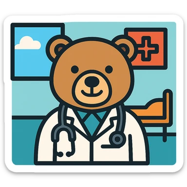 bear dressed as a doctor, stethoscope, friendly expression, in a hospital setting, color outline icon style sticker
